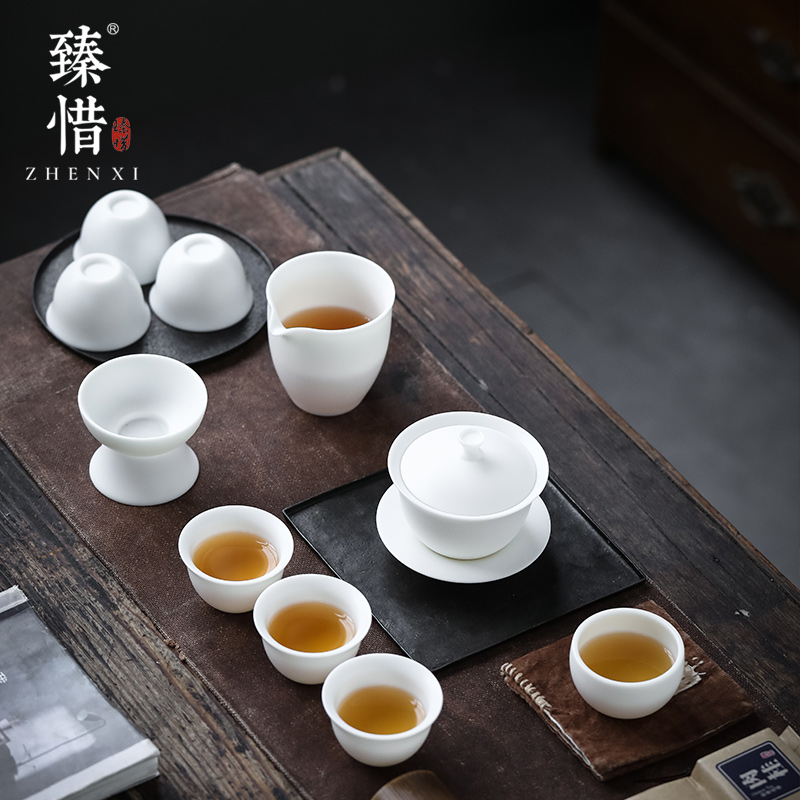 Become precious little listening suet jade white porcelain dehua high - end kung fu tea set home only three tureen gift gift box