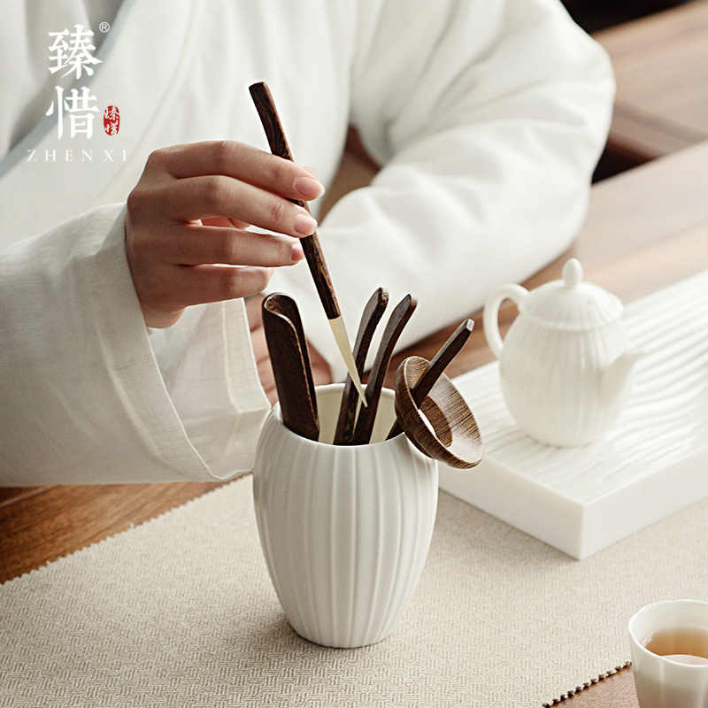 Become precious little dehua white porcelain tea six gentleman kung fu tea set ebony wood ChaGa teaspoons of spare parts