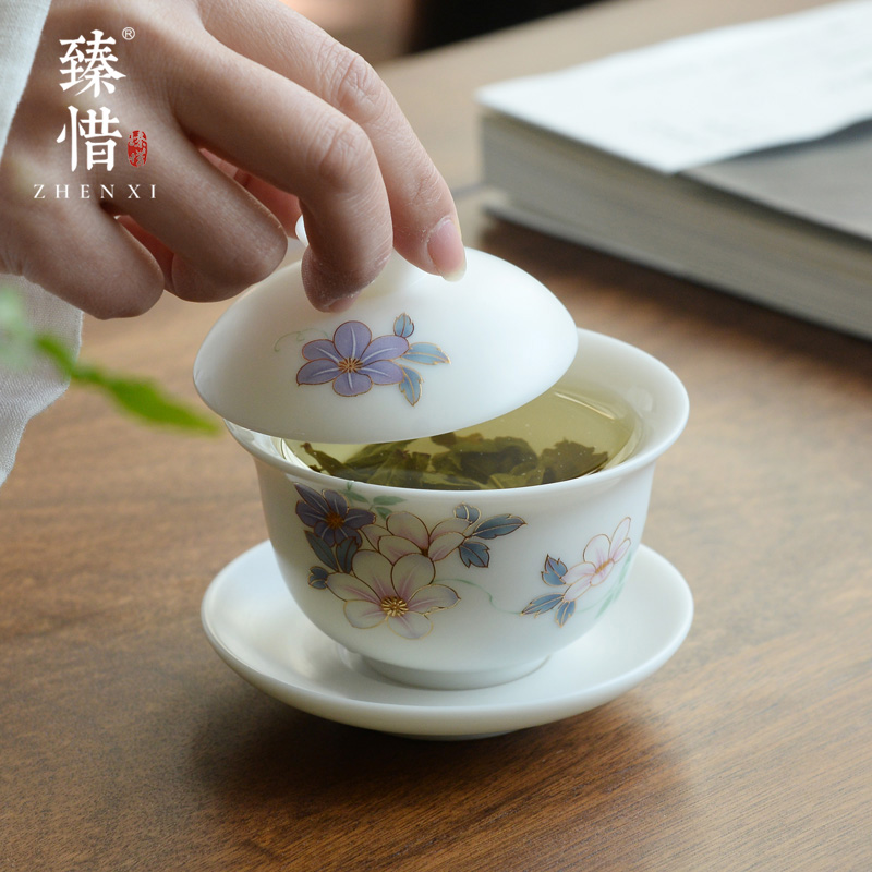 Become precious little Chinese essence burn hand - made tureen kung fu tea set three only pure manual tureen ceramic white jade porcelain cups