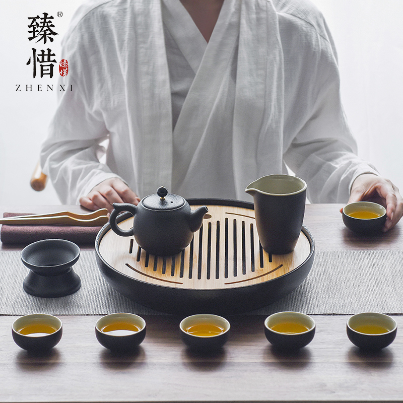 Become precious little black ceramic kung fu tea set suit small household contracted Japanese modern portable travel cup pot dry tea tray