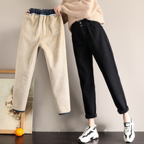 Black plus velvet jeans womens loose high waist autumn and winter clothes 2021 New straight Harlan radish daddy pants