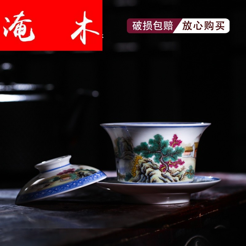 Submerged wood jingdezhen hand - made pastel landscape large tea three tureen all hand kung fu tea set gift private