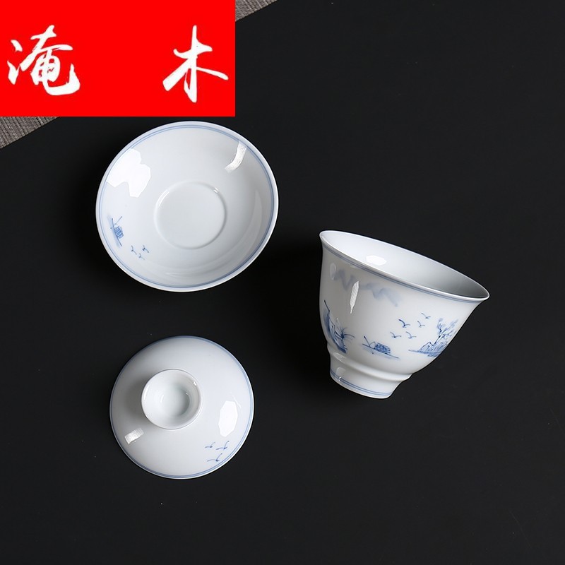 Submerged wood hand - made tureen ceramic only three bowl of white porcelain kung fu tea set under the glaze color landscape make tea tureen tea