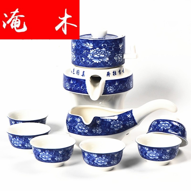 Flooded demand tree peony lazy stone mill of a complete set of kung fu tea set white ceramic blunt tea, blue and white hot semi automatic prevention