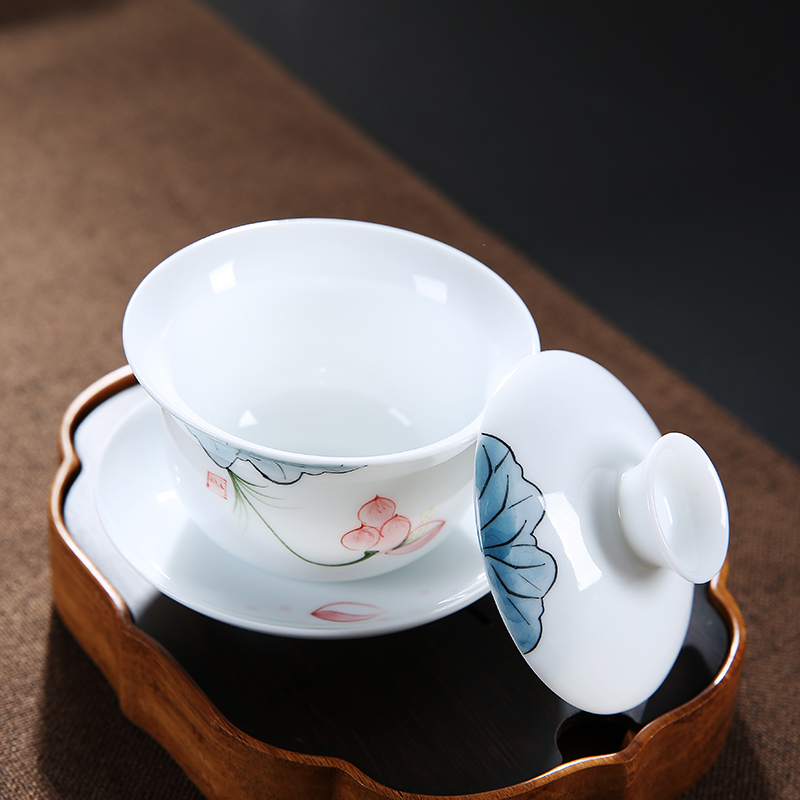 Flooded wood hand - made white porcelain tureen household small tea cups ceramic Japanese kung fu tea set three of the bowl to bowl