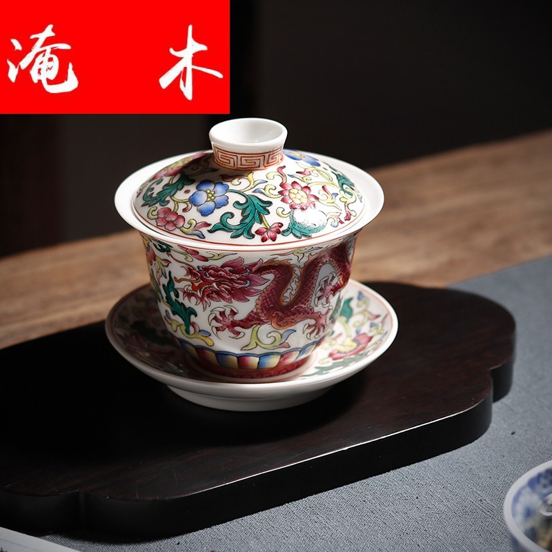 Submerged wood enamel longfeng grain hand - made enamel tureen tea set three cup of jingdezhen antique tea set manually