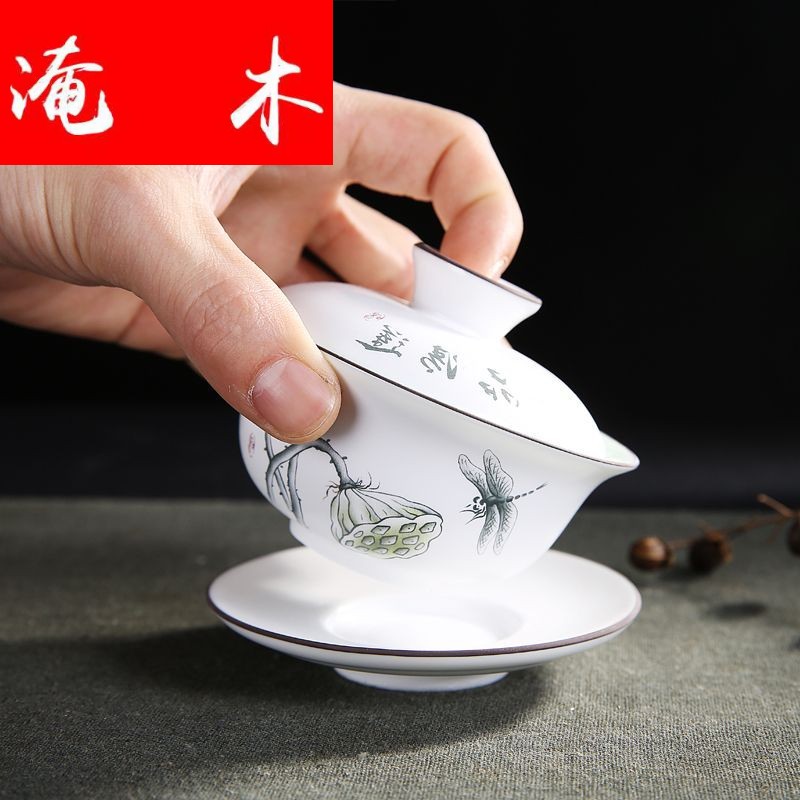 Flooded jingdezhen wood powder enamel fat white only three tureen ceramic tea bowl of kung fu tea cups to use is on sale