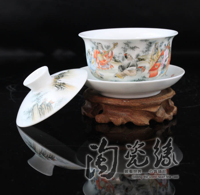 Flooded wood jingdezhen porcelain tea tureen manual only three hand pastel glass ceramic bowl cover cups of tea ware