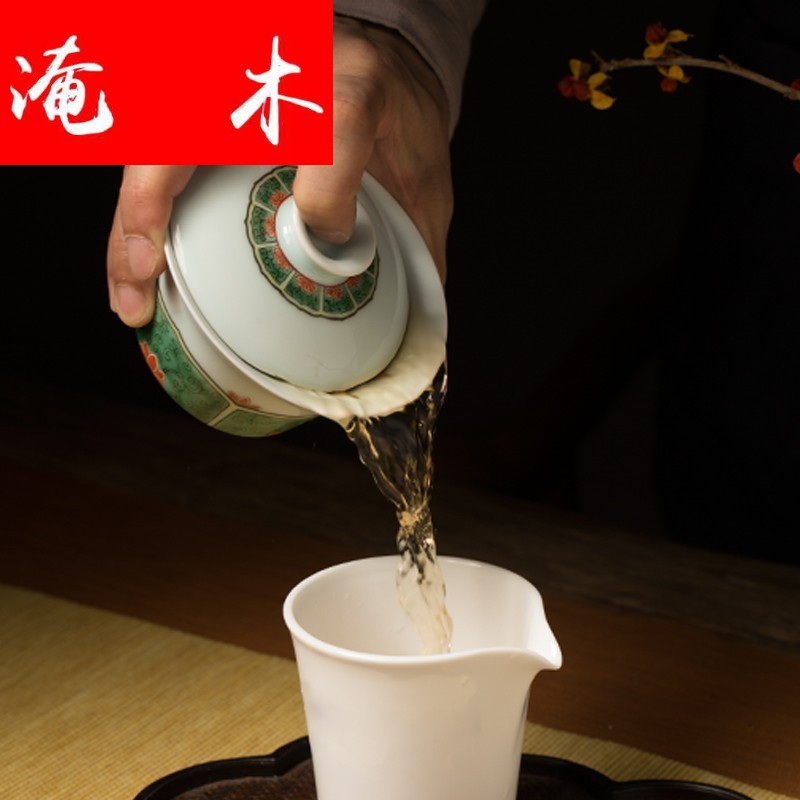 Flooded jingdezhen, lotus - shaped wood grain only three tureen hand - made colors make tea tea bowl, cover glass ceramic kung fu tea set