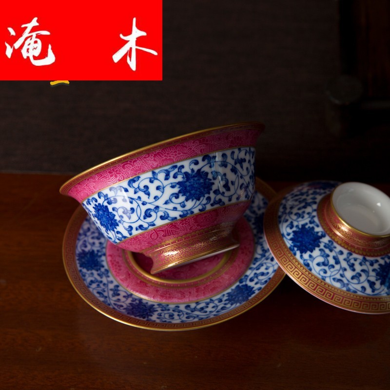 Submerged wood jingdezhen blue and white gold Chinese heavy industry pure hand - made tea set point work pick flowers tureen