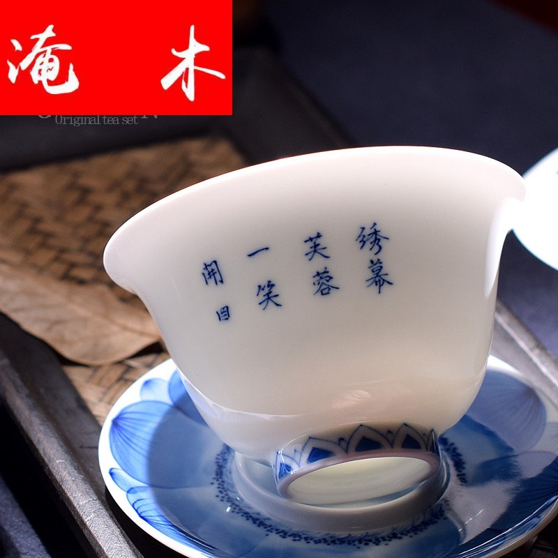 Flooded the wooden hand tureen beauty white porcelain jingdezhen blue and white porcelain pure manual three bowl kung fu tea cups