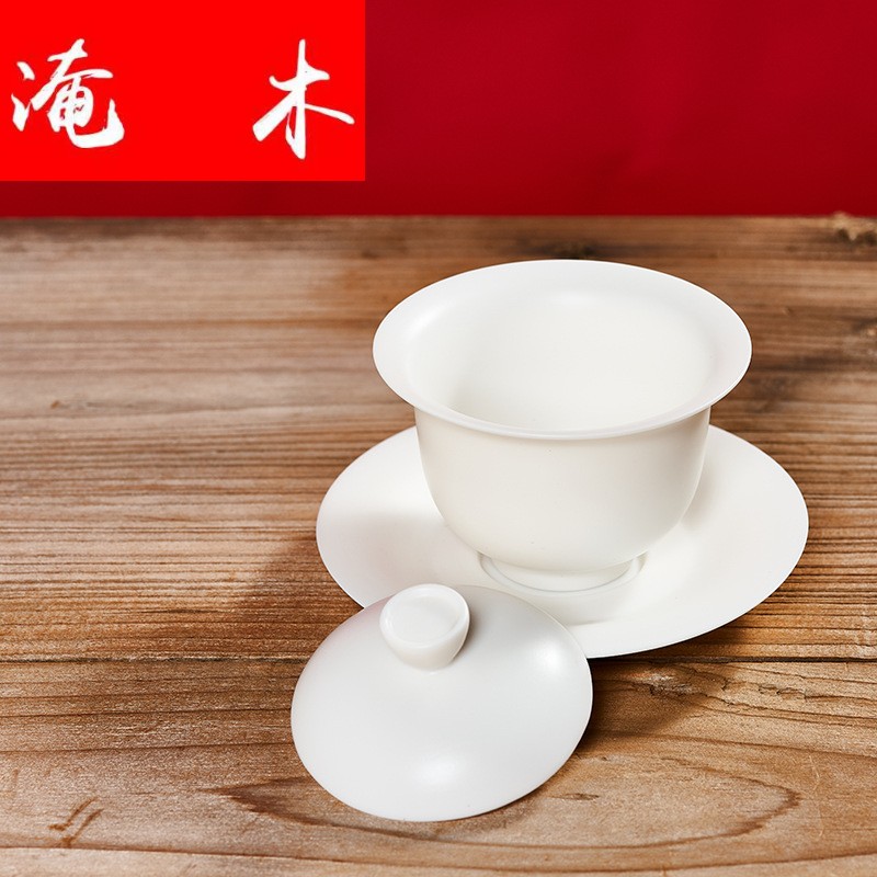 Submerged wood dehua suet jade white porcelain only three tureen matte enrolled biscuit firing kung fu tea tea light cup ceramic tea by hand