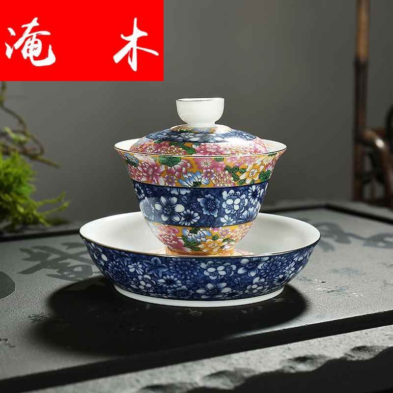 Submerged wood jingdezhen blue and white tureen famille rose flower is household ceramics colored enamel kung fu tea tea cup three to worship