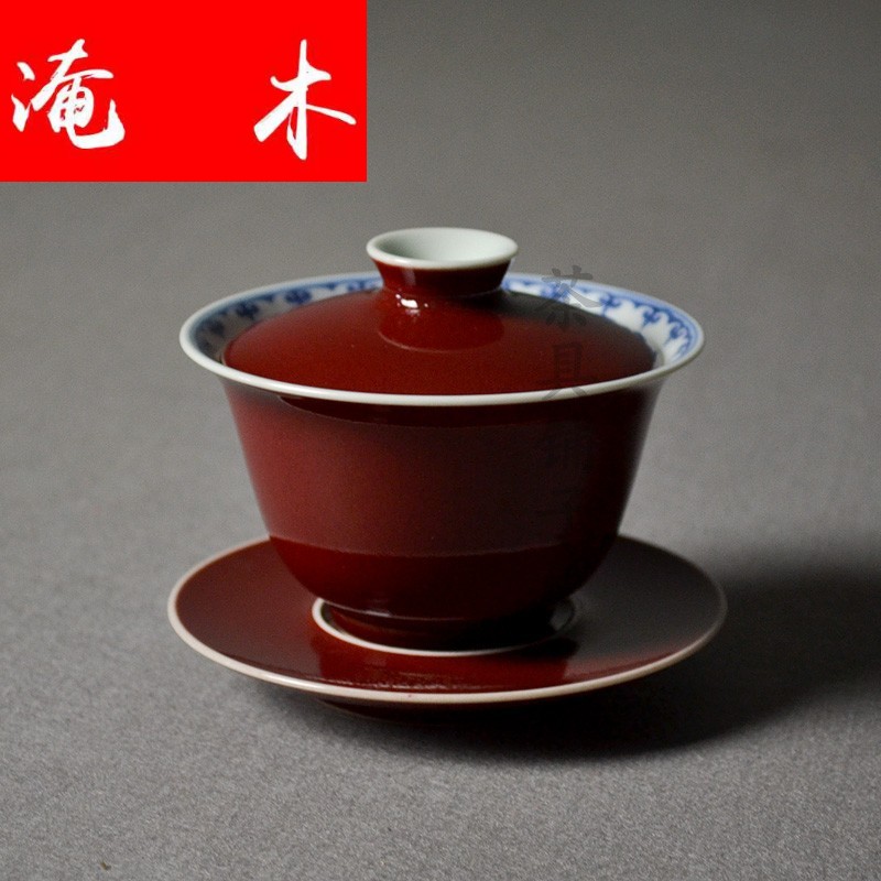 Submerged wood jingdezhen ji red glaze hand - made blue grass edge idle tureen tea bowl of kung fu tea set