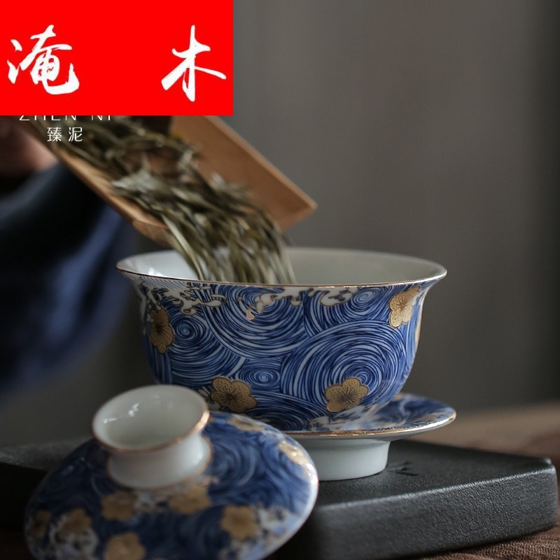 Submerged wood jingdezhen three to bowl of blue and white porcelain enamel tureen checking enamel household kung fu tea worship