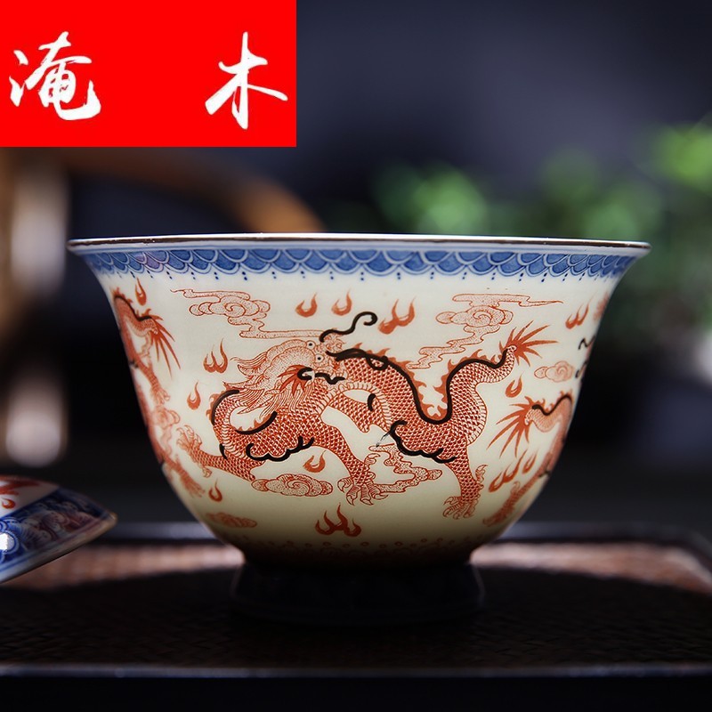 Flooded jingdezhen wood antique checking porcelain enamel tureen alum red paint dragon three hand tureen kung fu tea set