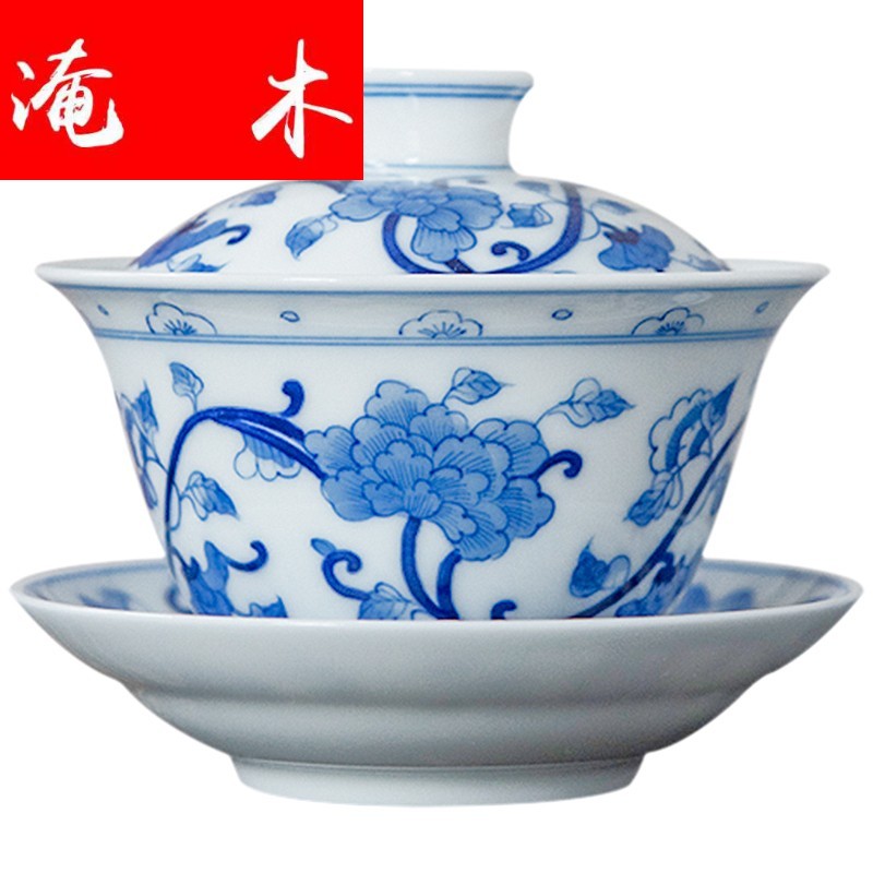 Flooded wooden blue and white hibiscus three double circle just tureen tea bowl of pure manual hand - made jingdezhen ceramic kung fu tea set