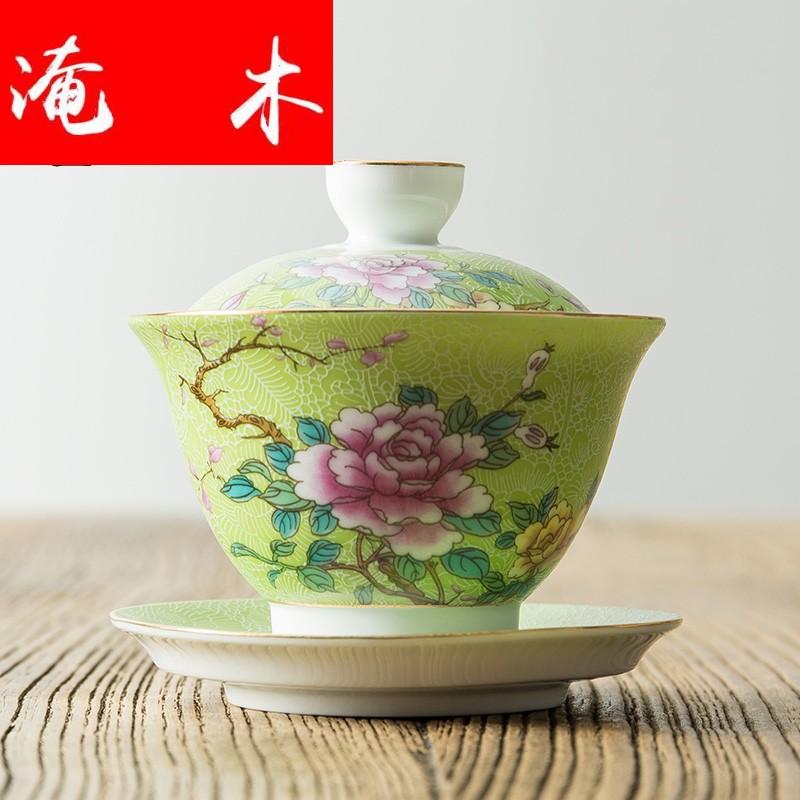 Flooded wooden pick flowers tureen large white porcelain of jingdezhen ceramics pastel colored enamel three bowl kung fu tea set