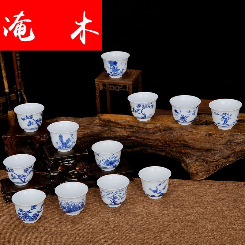 Submerged wood jingdezhen blue and white suit pastel twelve flora cup kung fu tea cups