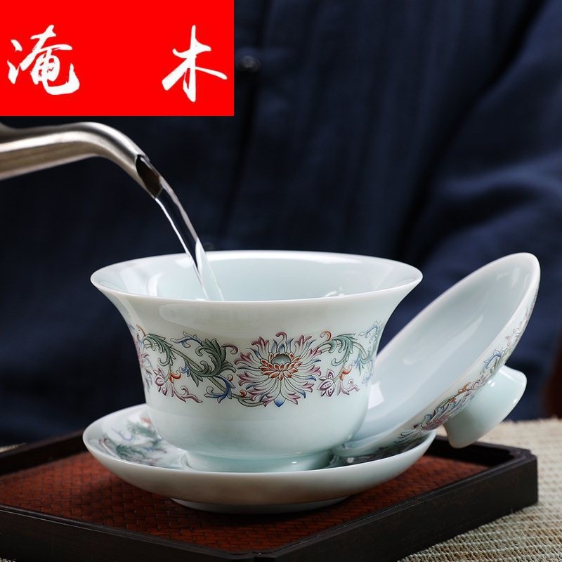 Submerged wood high - grade high - grade ceramic only three bowl of kung fu tea set large jade bowl jingdezhen porcelain cups tureen powder