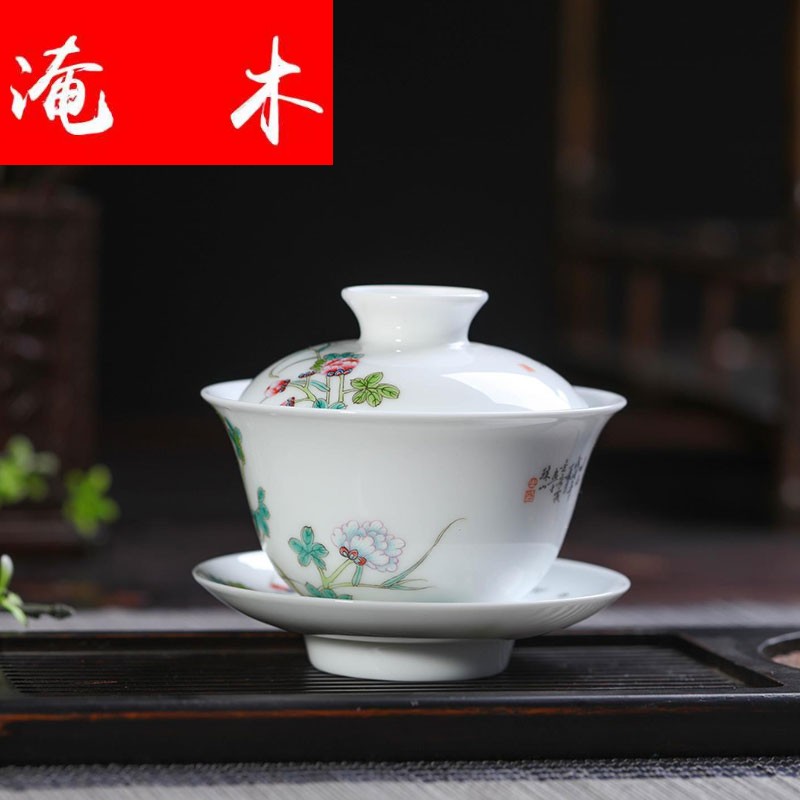 Flooded wooden checking ceramic tea ware bowl jingdezhen porcelain tea set three to make tea tureen hand - made of pastel