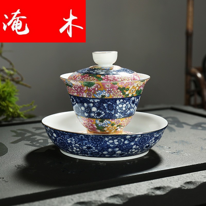 Submerged wood jingdezhen ceramic powder enamel than spend three to use blue tureen colored enamel kung fu tea mercifully carpet of flowers