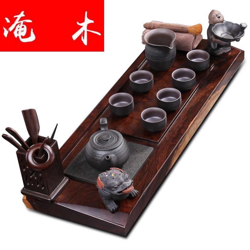 Flooded the whole piece of ebony wood tea tray ceramic kung fu tea set of black suit of a complete set of domestic tea the original solid wood