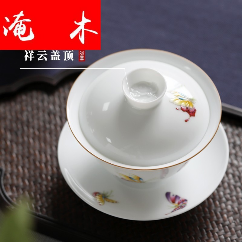 Flooded jingdezhen wood hand - made pastel pure manual tureen tea cups white porcelain tea set to use thin body three bowls