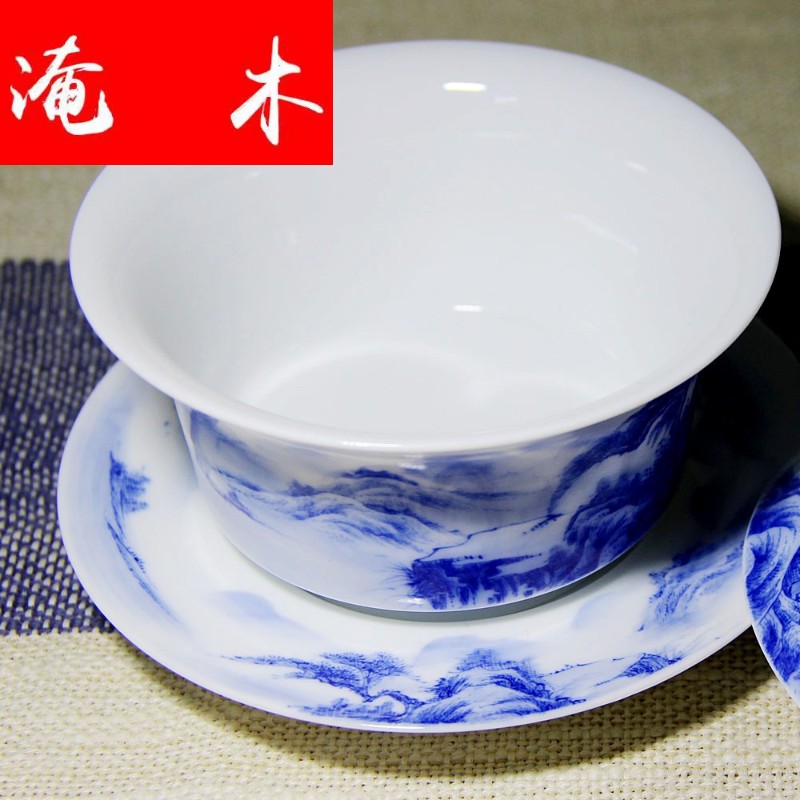 Submerged wood hand - made tureen large cups manual landscape only three bowl of blue and white porcelain ceramic kung fu tea tea