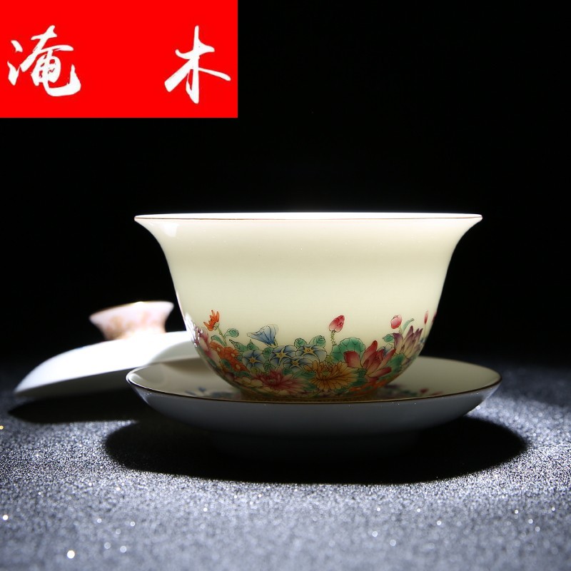 Flooded jingdezhen wood powder enamel hand - made paint flowers bloom three tureen kung fu tea bowl