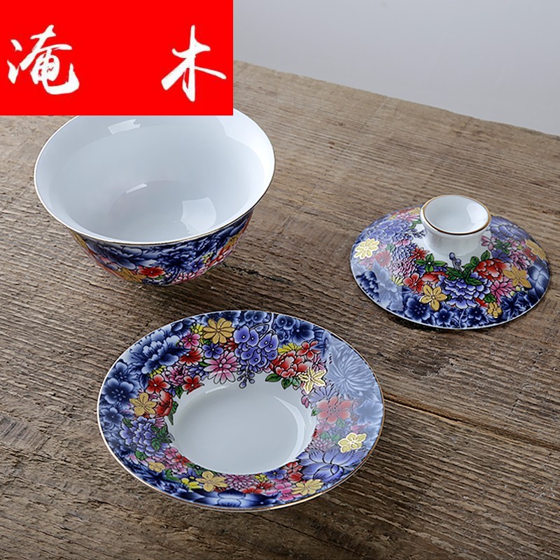 Flooded tureen wooden household ceramic white porcelain kung fu tea set three medium cup tea bowl to bowl of jingdezhen checking enamel