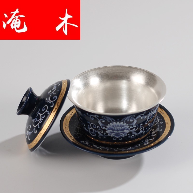 Submerged wood silver tureen coppering. As 999 silver kung fu tea set jingdezhen porcelain ceramic cups household Jin Sancai with silver