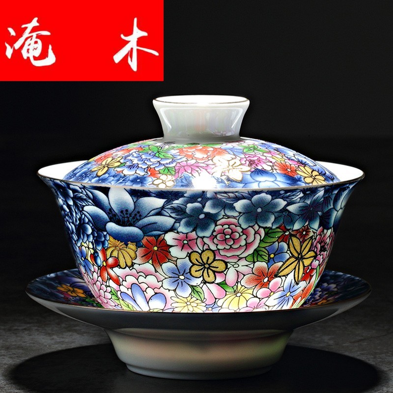 Flooded wood retro tureen household ceramic cups large blue and white porcelain tea bowl is only three colored enamel hot kung fu