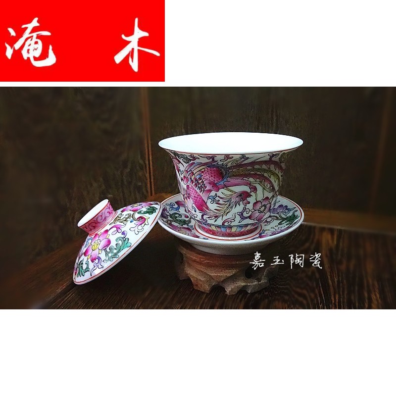 Submerged wood enamel longfeng grain hand - made enamel tureen tea set three cup of jingdezhen antique tea set manually