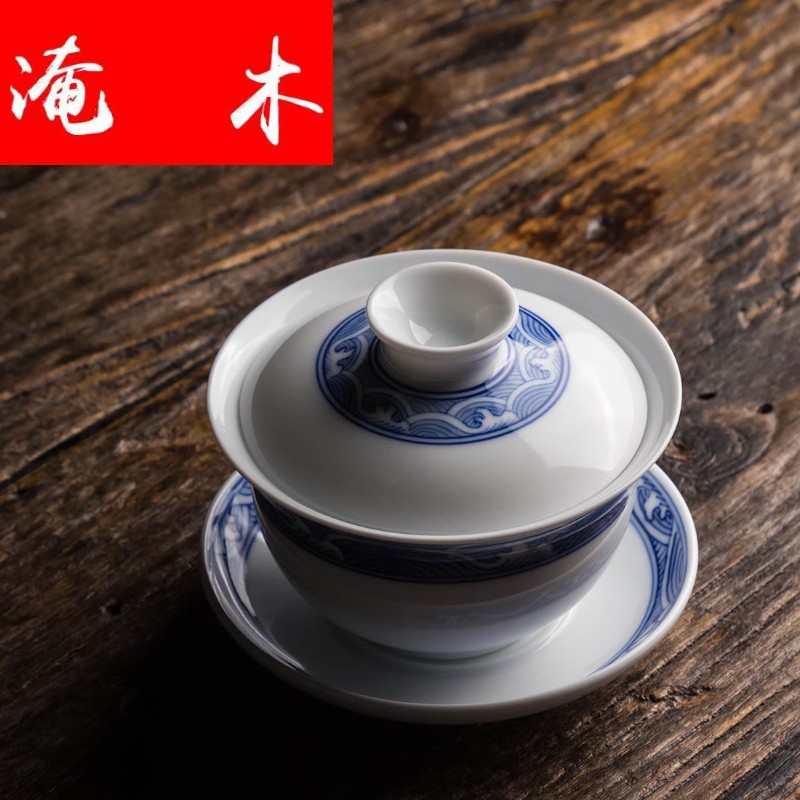 The Original hand blue and white porcelain of jingdezhen ceramic tea set water flooded wooden grain tureen three tureen