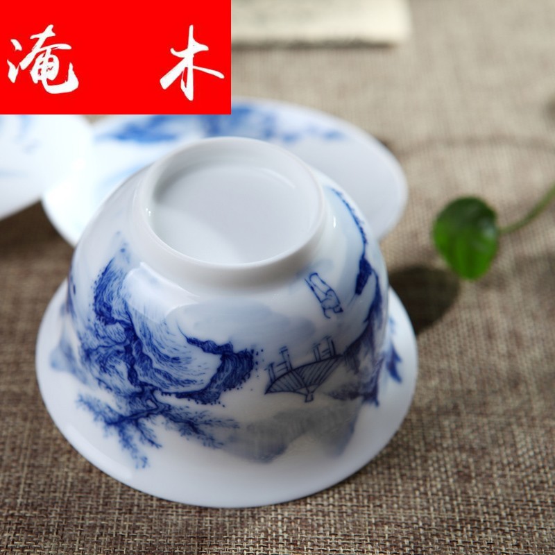 Flooded wood tureen tea cups kung fu tea set large white porcelain of jingdezhen ceramics thin foetus tea three bowl is only blue and white