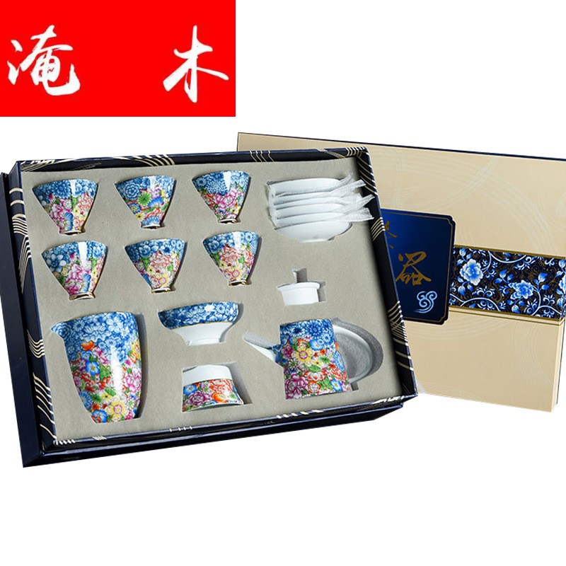 Submerged wood white porcelain tureen kung fu tea set high - grade relief paint only three bowl of tea, tea set ceramic cups l