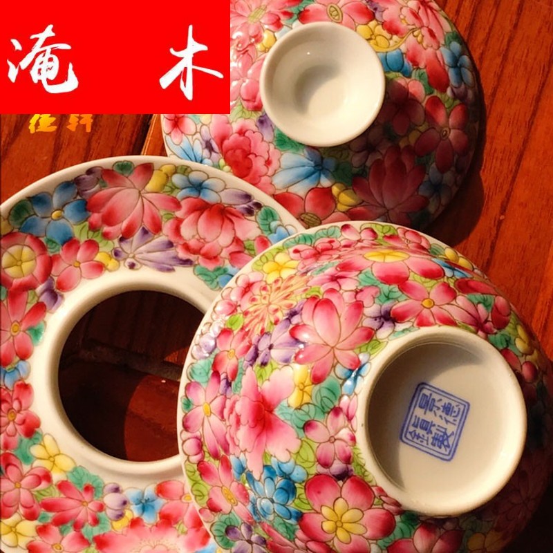 Submerged wood jingdezhen pure manual tire seiko hand - made colored enamel flower tea tureen enamel kung fu tea set three