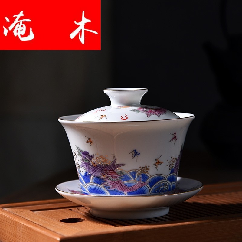 Submerged wood jingdezhen hand - made only three tureen pure manual white porcelain ceramic tea cups hot famille rose tea set