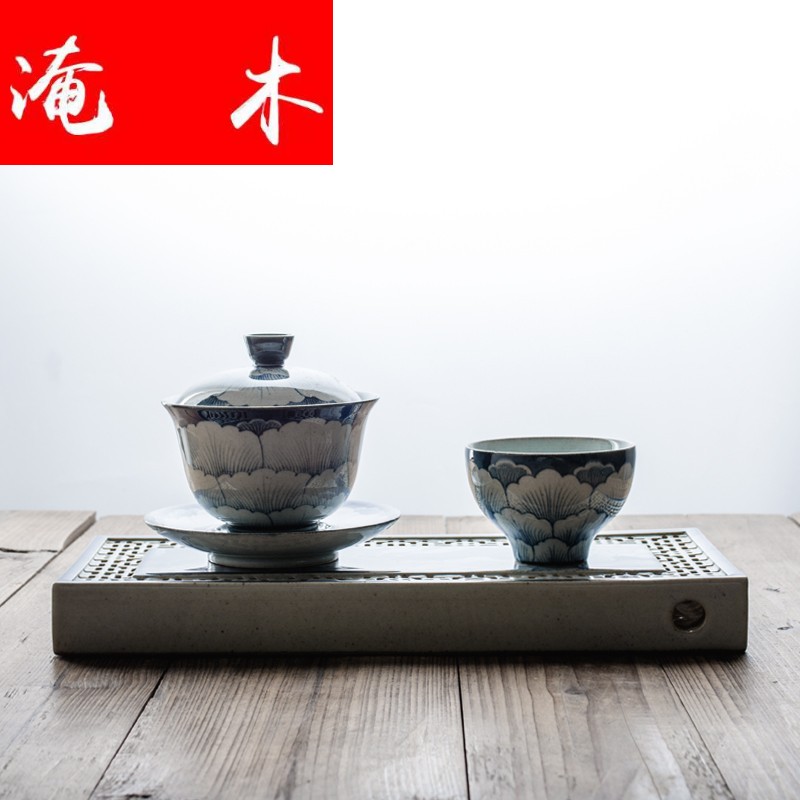 Submerged wood antique blue - and - white hand - made peony Chinese style restoring ancient ways tureen ceramic tea set three cups to tureen tea bowls