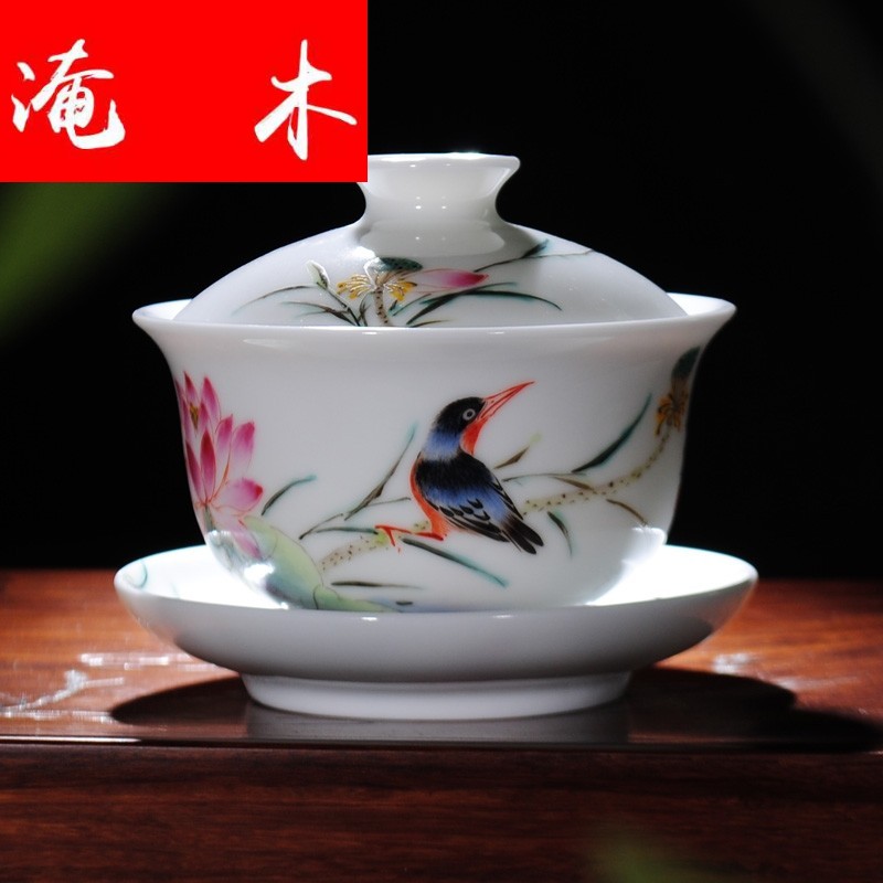 Submerged wood jingdezhen hand - made ceramic tureen tea service manual powder enamel three bowl of kung fu tea cup of the big yards