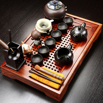 Niu Ren whole set of Purple Sand Gorkiln Qigong Fu Tea Suit Home Flowers Pear Solid Wood Tea Tray Small Red Wood Tea Terrace Tea Sea