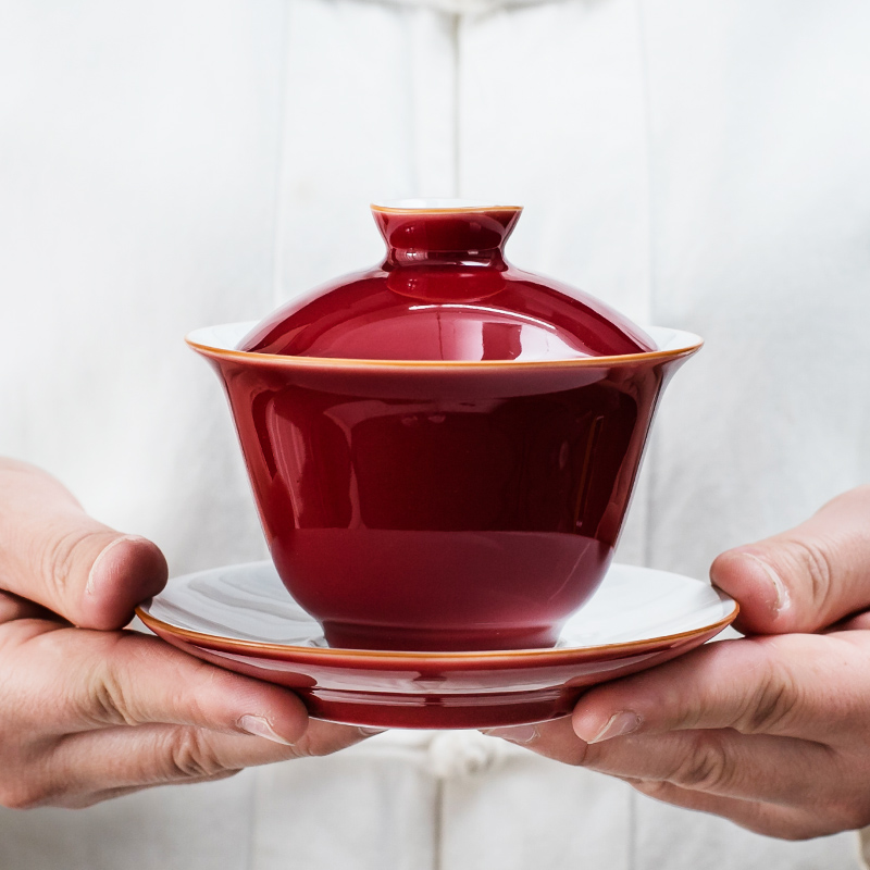 NiuRenJi red blue glaze tureen ceramic household kung fu tea set three only tureen tea bowl manual worship bowl tea cups