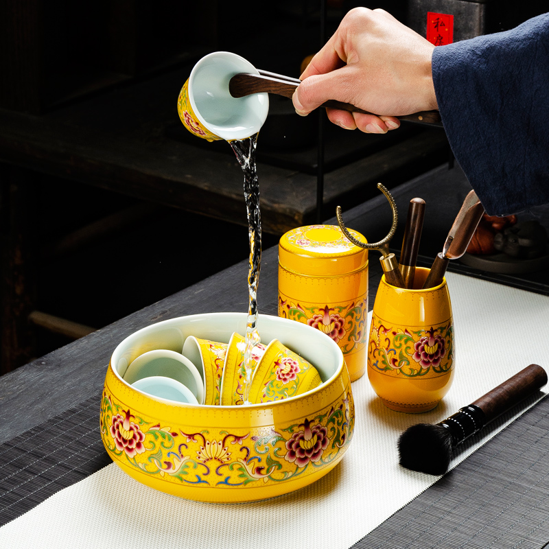 NiuRen colored enamel ebony tea six gentleman 's suit tea accessories of caddy fixings tea wash to the ceramic seal pot