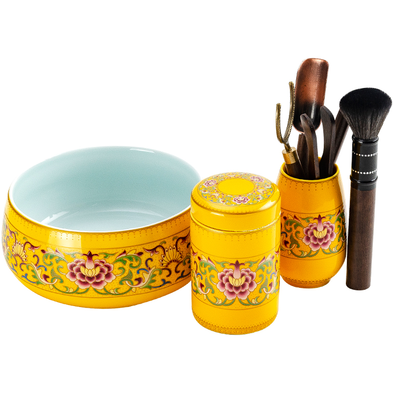 NiuRen colored enamel ebony tea six gentleman 's suit tea accessories of caddy fixings tea wash to the ceramic seal pot