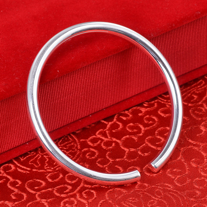 正品99纯银光面手镯光圈圆条男女款 实心开口镯子情侣时尚饰手环