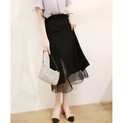 WITHSUN elegant and fashionable stitching mesh skirt female summer elegant super fairy high waist a-line medium and long version of the small black skirt