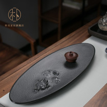 Park Hao Wujinshi dry bubble Stone tea tray whole relief kung fu drainage tea Sea black gold stone simple tea tray