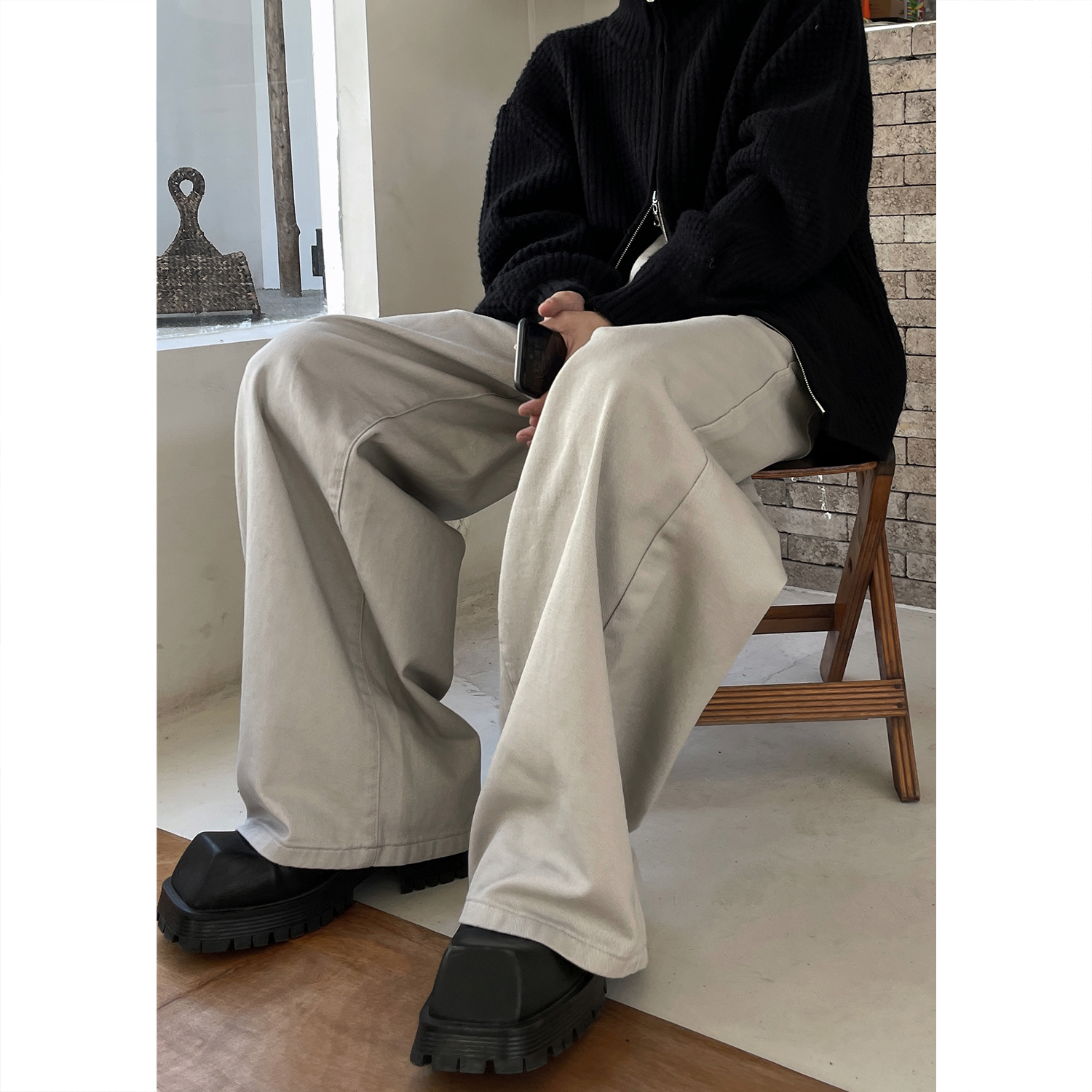 ZINGUP美式高街拖地长裤男秋季卡其色裤子宽松直筒休闲阔腿牛仔裤
