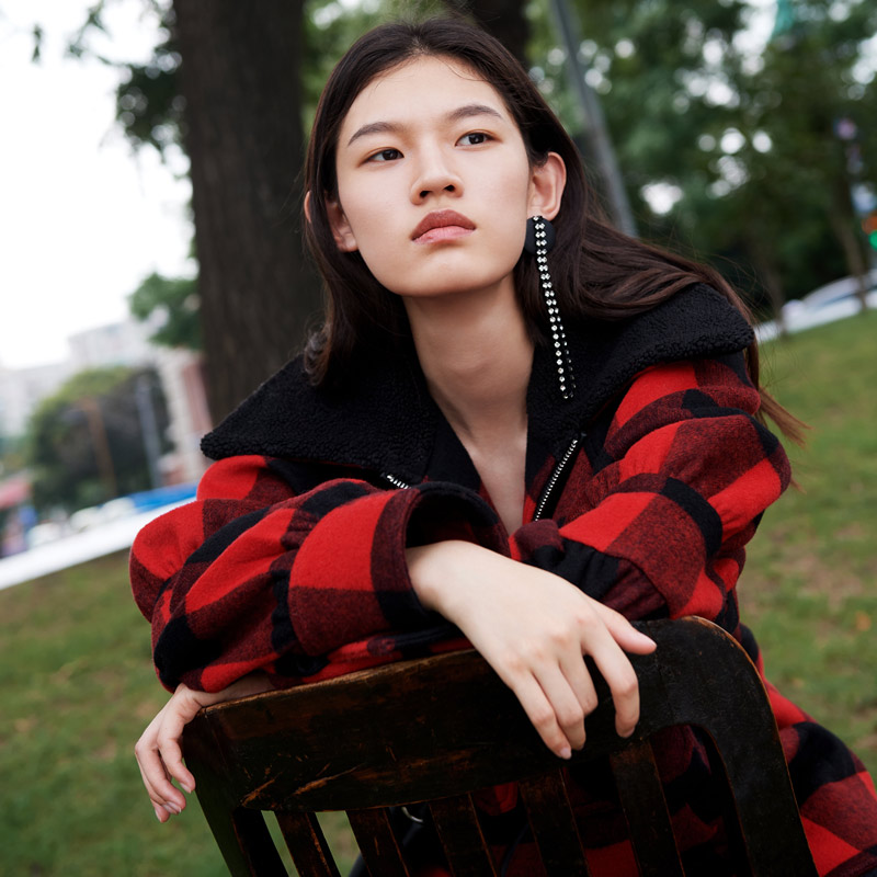 N-one冬季新品撞色格子棉服女宽松显瘦保暖外套